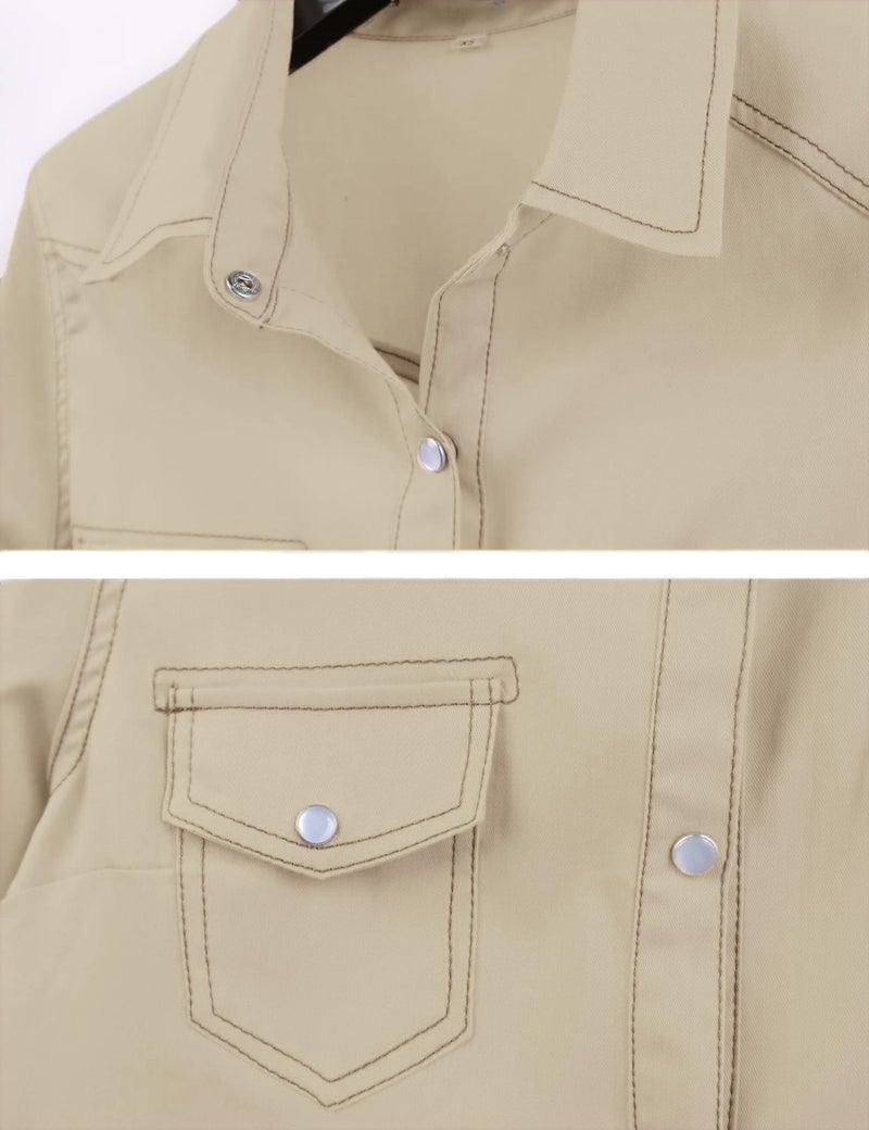 Omoone Women's 3/4 Sleeve Modern Denim Crop Top Tie Knot Shirt Cardigan(0774-Apricot-XL) - Image 3