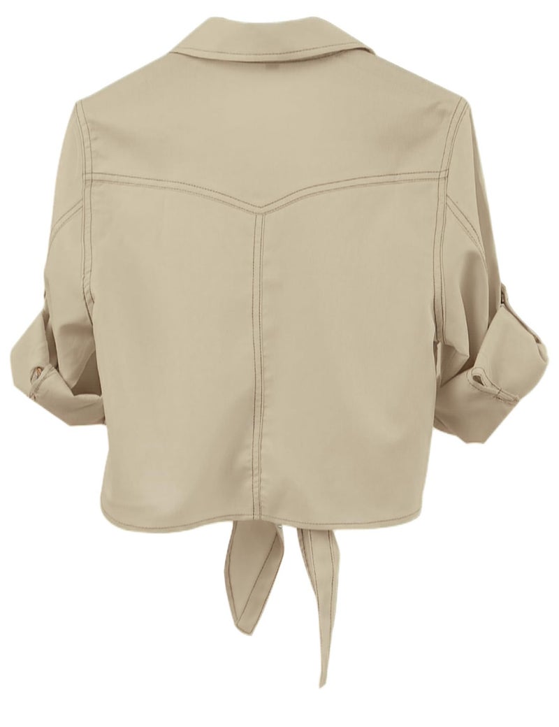 Omoone Women's 3/4 Sleeve Modern Denim Crop Top Tie Knot Shirt Cardigan(0774-Apricot-XL) - Image 2
