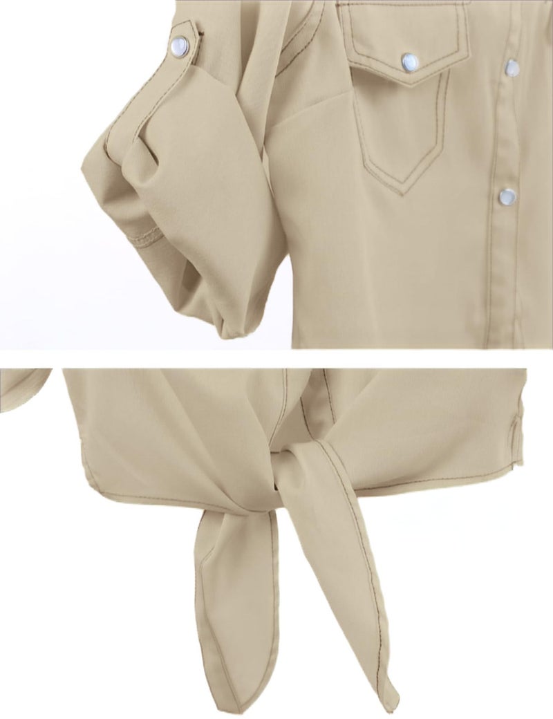 Omoone Women's 3/4 Sleeve Modern Denim Crop Top Tie Knot Shirt Cardigan(0774-Apricot-XL) - Image 4