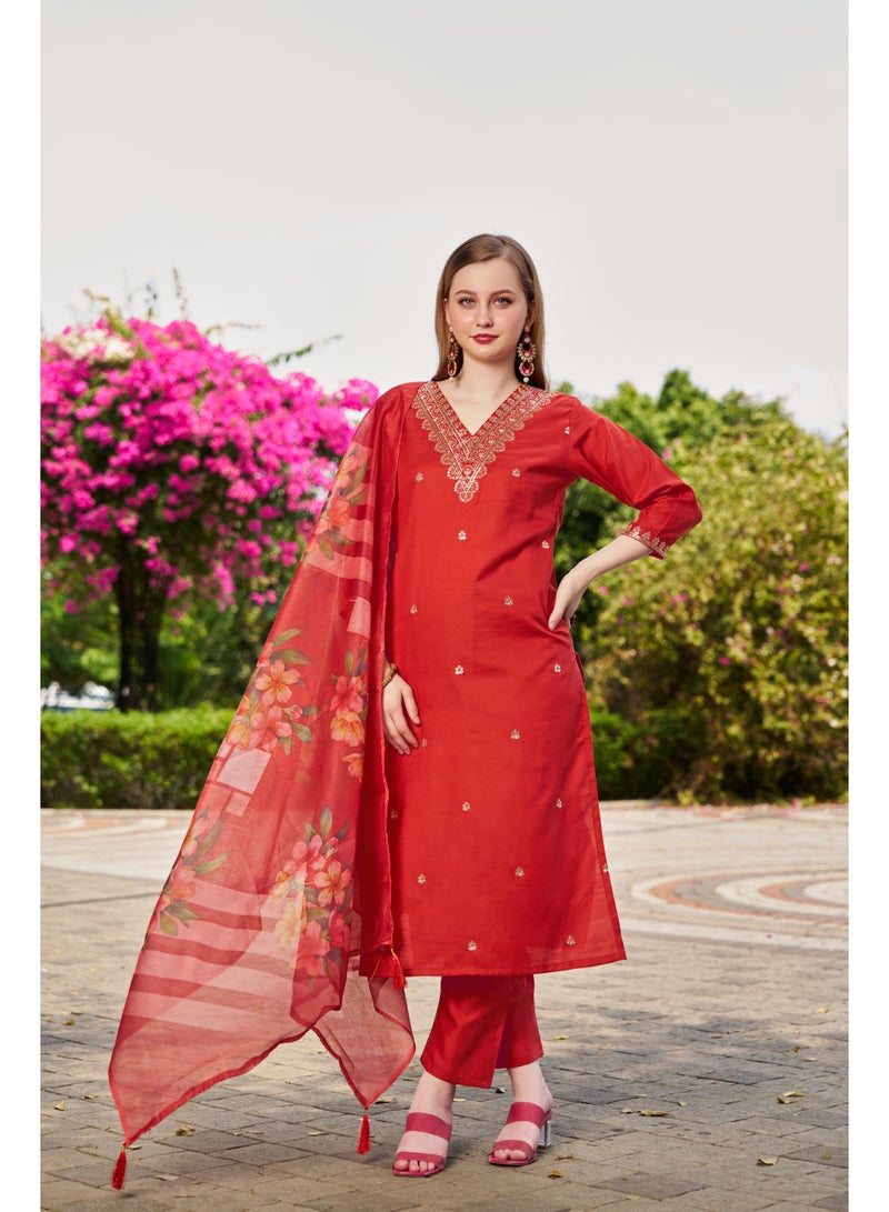 VISHVA CREATION Embroidered Orange Kurta Suit Set for Women - Image 1
