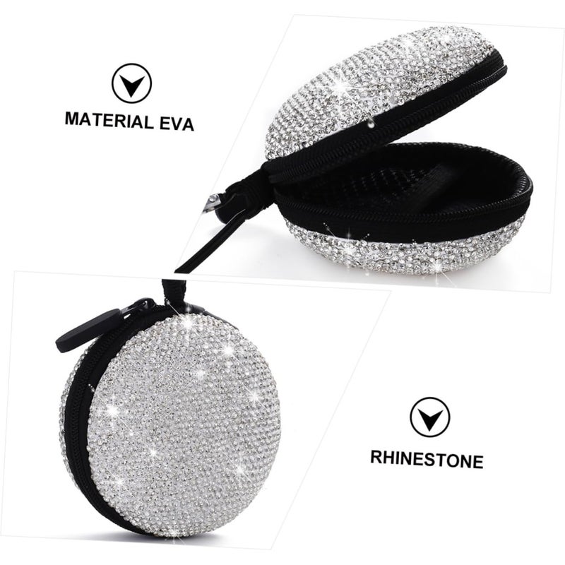 Shiny Rhinestone Studded Earphone Storage Bag with Carabiner Smooth Zipper Cable Organizer Box for Travel - Image 3