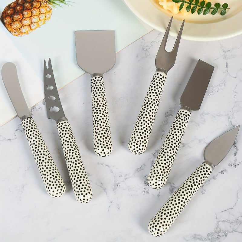 6 Pieces Set Gift Box Silvery Suit Ceramic Handle Gold Plated Stainless Steel Cheese Cutlery Multi Functional Kitchen Tool - Image 1