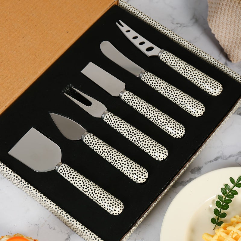 6 Pieces Set Gift Box Silvery Suit Ceramic Handle Gold Plated Stainless Steel Cheese Cutlery Multi Functional Kitchen Tool - Image 3
