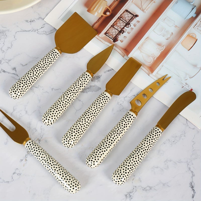 6 Pieces Set Gift Box Silvery Suit Ceramic Handle Gold Plated Stainless Steel Cheese Cutlery Multi Functional Kitchen Tool - Image 5
