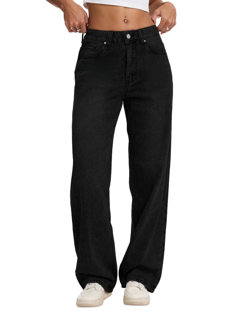 Wanduyini Straight Leg Jeans for Women Casual Washed Vintage Loose Fit Boyfriend Jeans Denim Pants (Black,M) - Image 1