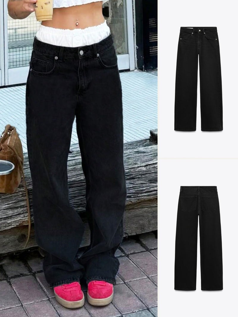 Wanduyini Straight Leg Jeans for Women Casual Washed Vintage Loose Fit Boyfriend Jeans Denim Pants (Black,M) - Image 2