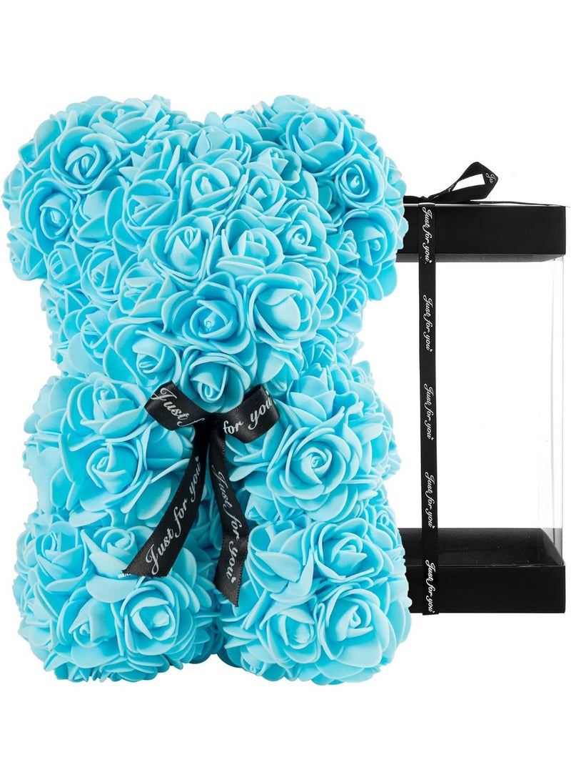 هدايا للنساء - دب وردة - دب وردة، دب وردة مصنوع يدويًا، هدية ليوم الأم، عيد الحب، الذكرى السنوية وحفلات الزفاف، مع صندوق هدايا شفاف (أزرق سماوي) - Image 2