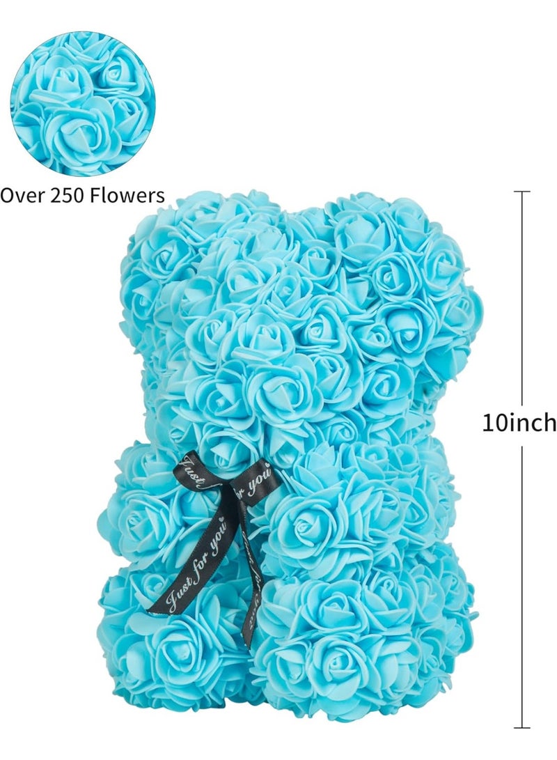 هدايا للنساء - دب وردة - دب وردة، دب وردة مصنوع يدويًا، هدية ليوم الأم، عيد الحب، الذكرى السنوية وحفلات الزفاف، مع صندوق هدايا شفاف (أزرق سماوي) - Image 1