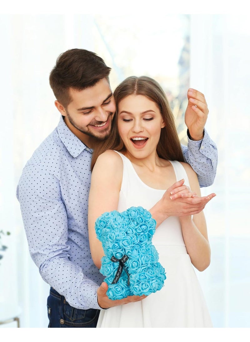 هدايا للنساء - دب وردة - دب وردة، دب وردة مصنوع يدويًا، هدية ليوم الأم، عيد الحب، الذكرى السنوية وحفلات الزفاف، مع صندوق هدايا شفاف (أزرق سماوي) - Image 3