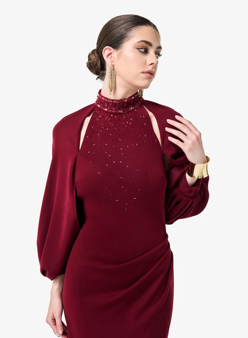 Threadz by Ajooni  Cutout Detail Puff Sleeve Maxi Dress for Women | Best Price UAE