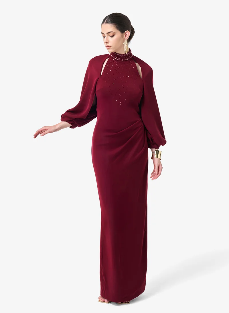 Threadz by Ajooni  Cutout Detail Puff Sleeve Maxi Dress for Women | Best Price UAE