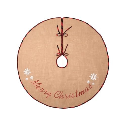 MACTING Christmas Burlap Tree Skirt 30 Inch Small Tree Mat with Snowflake Printed Merry Christmas Red Black Plaid Buffalo Edge for Home Party Holiday Country Indoor Xmas Tree Decorations