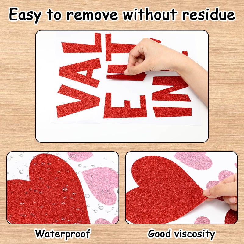 Whaline 9 Sheets Valentine' s Day Wall Stickers Glitter Red Pink Heart Room Mural Stickers Peel and Stick Wall Decals for Home School Office Wedding Anniversary Party Supplies - Image 3