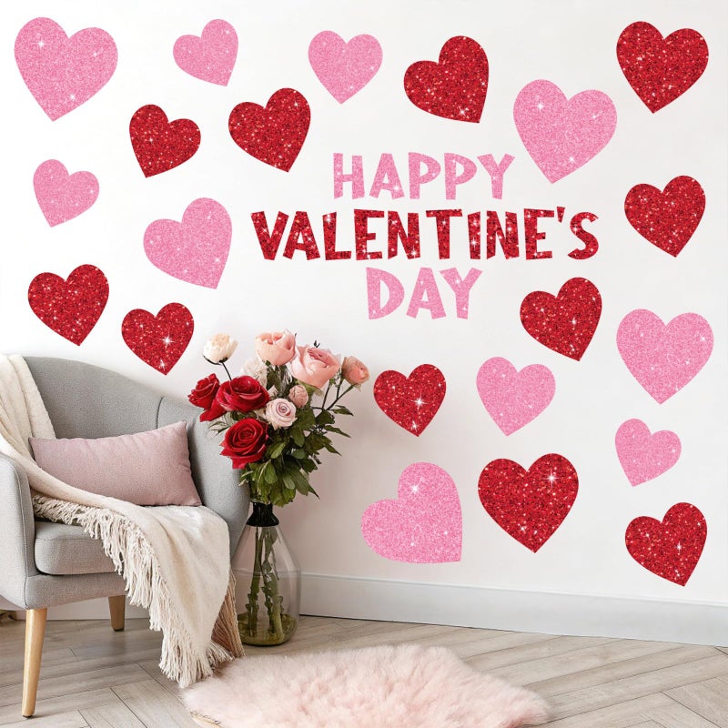 Whaline 9 Sheets Valentine' s Day Wall Stickers Glitter Red Pink Heart Room Mural Stickers Peel and Stick Wall Decals for Home School Office Wedding Anniversary Party Supplies - Image 5