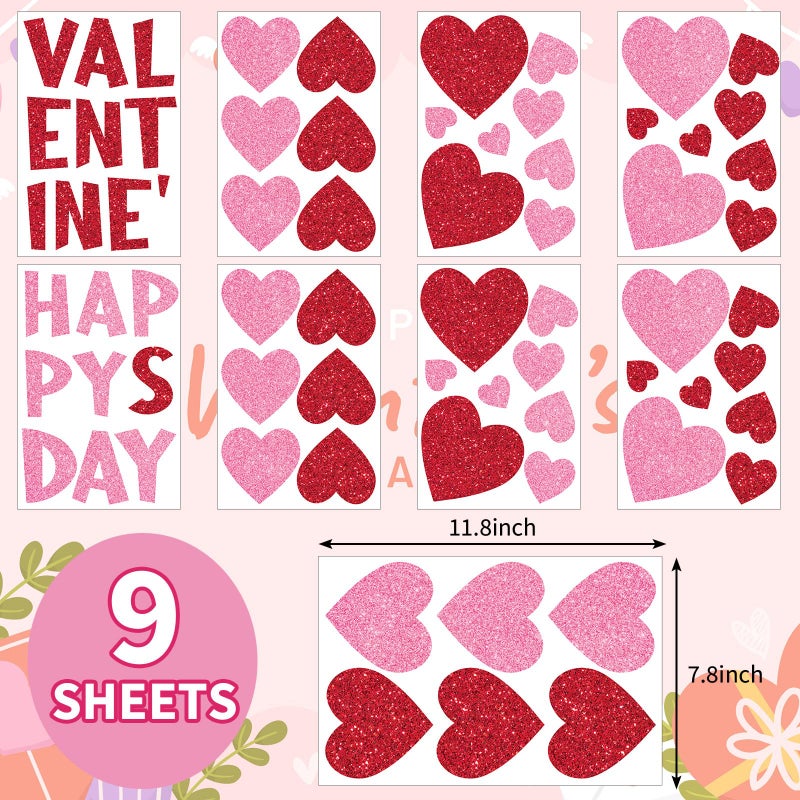 Whaline 9 Sheets Valentine' s Day Wall Stickers Glitter Red Pink Heart Room Mural Stickers Peel and Stick Wall Decals for Home School Office Wedding Anniversary Party Supplies - Image 2