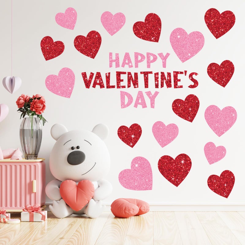 Whaline 9 Sheets Valentine' s Day Wall Stickers Glitter Red Pink Heart Room Mural Stickers Peel and Stick Wall Decals for Home School Office Wedding Anniversary Party Supplies - Image 4