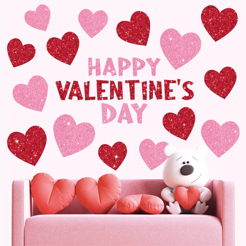 Whaline 9 Sheets Valentine' s Day Wall Stickers Glitter Red Pink Heart Room Mural Stickers Peel and Stick Wall Decals for Home School Office Wedding Anniversary Party Supplies - Image 1