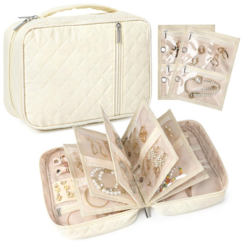 CEELGON Travel Jewelry Case Organizer and Storage Quilted Jewelry Pouch Box for Traveling Ring Necklace Earring Holder with Velvet Jewelry Binder Mini Portable Jewelry Bag (Beige) - Image 1