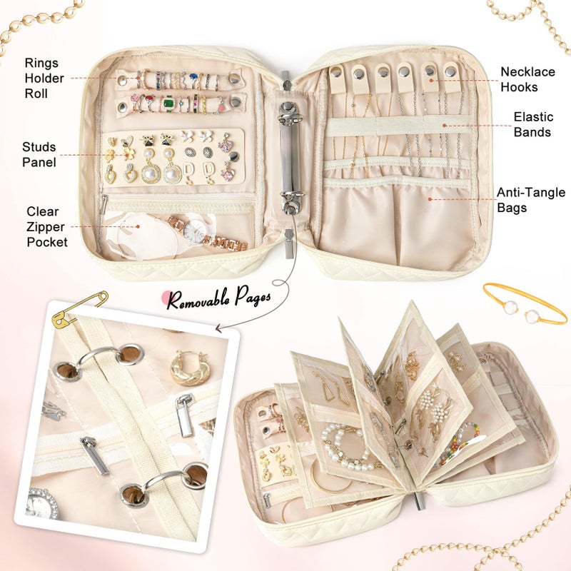 CEELGON Travel Jewelry Case Organizer and Storage Quilted Jewelry Pouch Box for Traveling Ring Necklace Earring Holder with Velvet Jewelry Binder Mini Portable Jewelry Bag (Beige) - Image 3