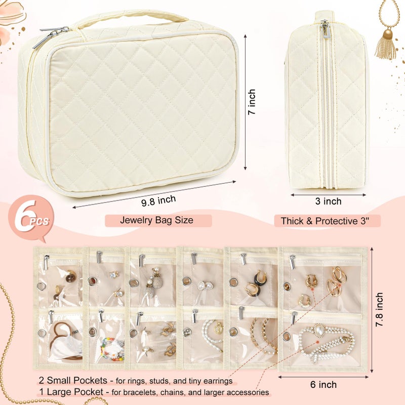 CEELGON Travel Jewelry Case Organizer and Storage Quilted Jewelry Pouch Box for Traveling Ring Necklace Earring Holder with Velvet Jewelry Binder Mini Portable Jewelry Bag (Beige) - Image 2