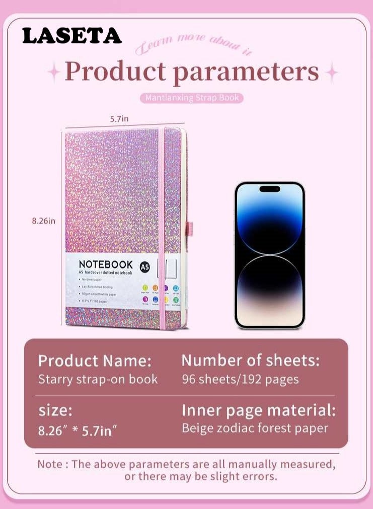 Laseta A5 Ruled Notebook - 192 Pages, PU Leather Cover with Pen Holder and Elastic Closure Strap，Pink - Image 2