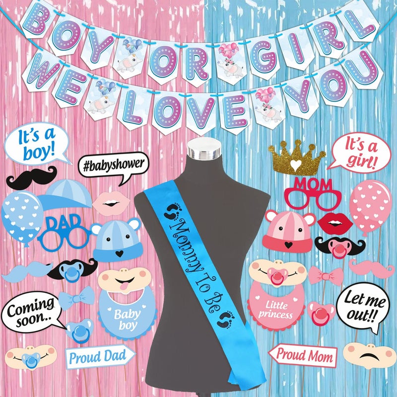 WOBBOX Baby Shower Combo of Party Props 30 Pcs & Boy Or Girl We Love You Bunting Banner, Mommy to be Blue Sash, with Blue & Pink Foil Fringe, Baby Shower Decoration Item (Pack of 4) - Image 1