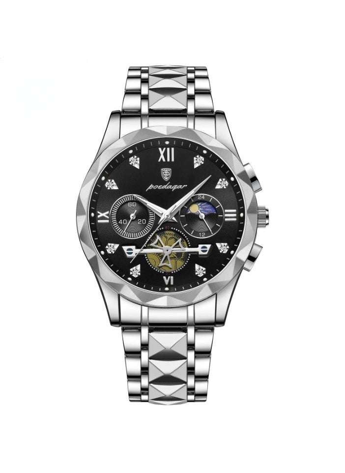 POEDAGAR Luxury Men Wristwatch, Classic And Fashionable Quartz Watch, Waterproof Luminous Chronograph Watch, Business Style Stainless Steel Wrist Watch For Men, (Silver Black)  - Image 1