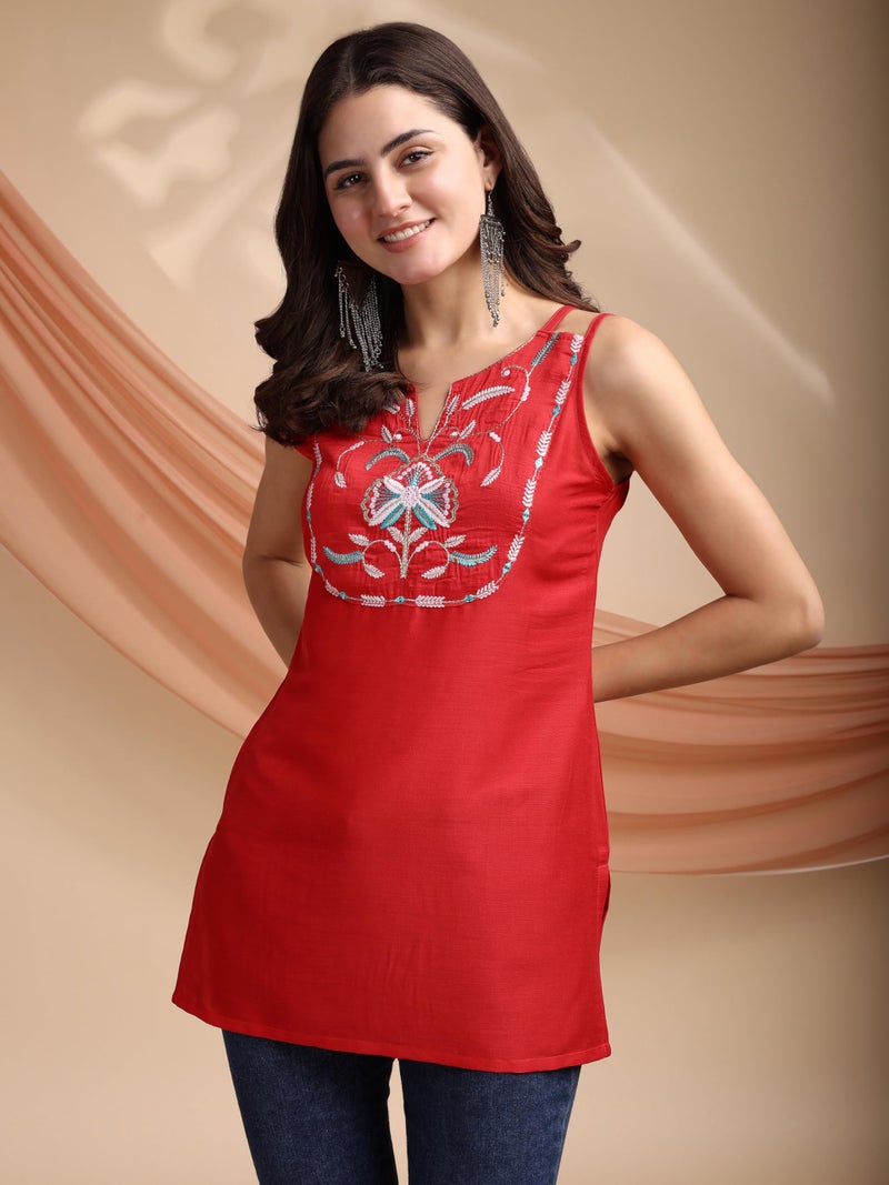 EthnicJunction Women's Red Cotton Silk Yoke Embroidery Shoulder Rakhi Special Short Kurti| Summer Kurti | Top for Office | Women's Tunics Tops | Summer Kurti | Short Kurti Women - Image 3