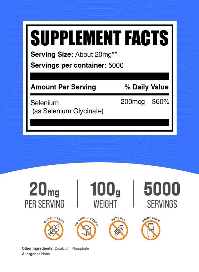 بالك سابلمنتس مسحوق جليسينات السيلينيوم من BulkSupplements.com - سيلينيوم 200 ميكروغرام، مكمل معدني - معادن أساسية نادرة وخالي من الغلوتين، 20 ملغ لكل حصة، 100 غرام (3.5 أونصة) (عبوة واحدة) - Image 2