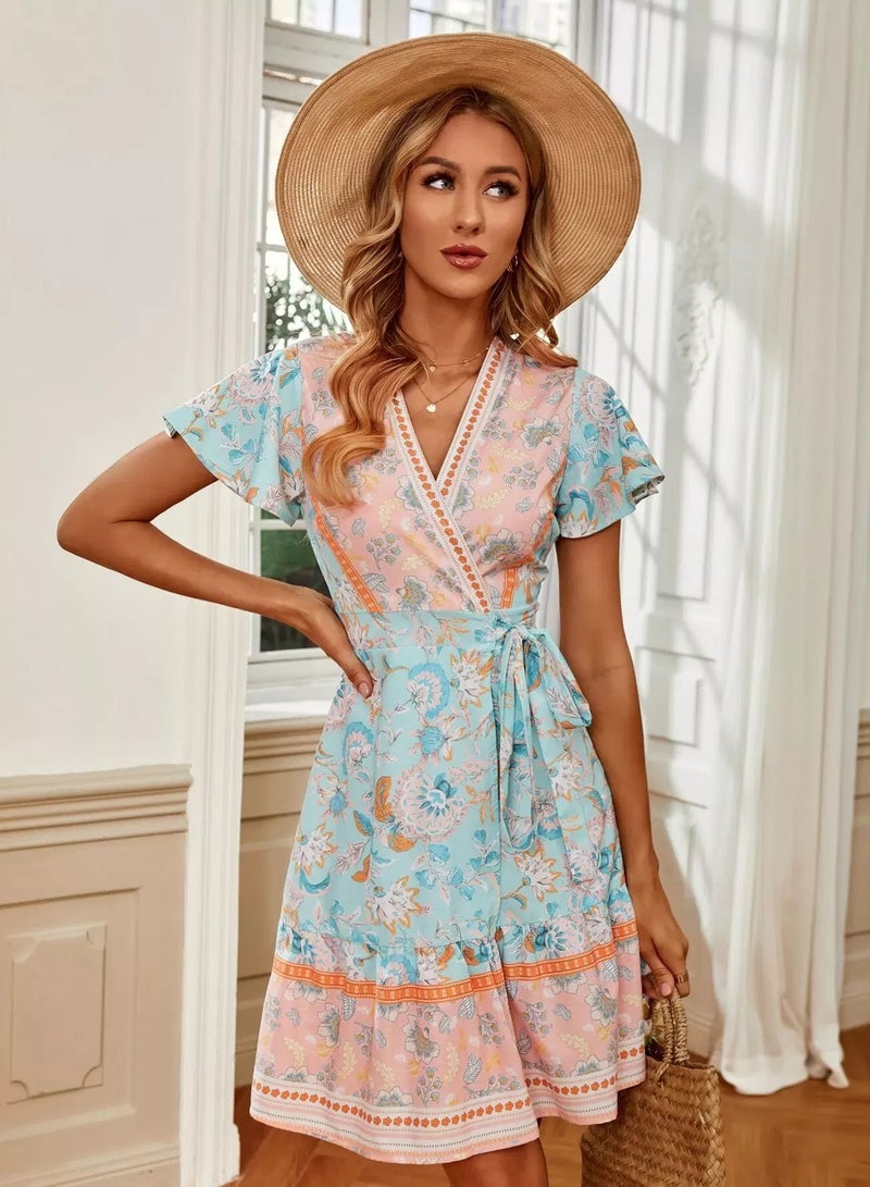 Allover Floral Print Belt Wrap Dress  - Image 3