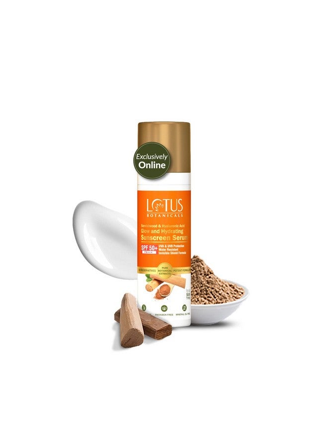 LOTUS BOTANICALS Sandalwood & Hyaluronic Acid Glow And Hydrating Sunscreen Serum | Spf 50+ | Daily Sun Protection | Sandalwood-Infused Sunscreen, No White Cast | Suitable For All Skin Types | 30Ml  - Image 1