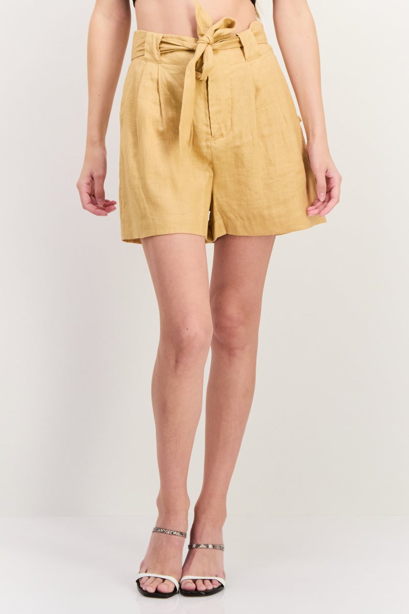 Scotch & Soda Women Solid Belted Basic Shorts, Tan - Image 1