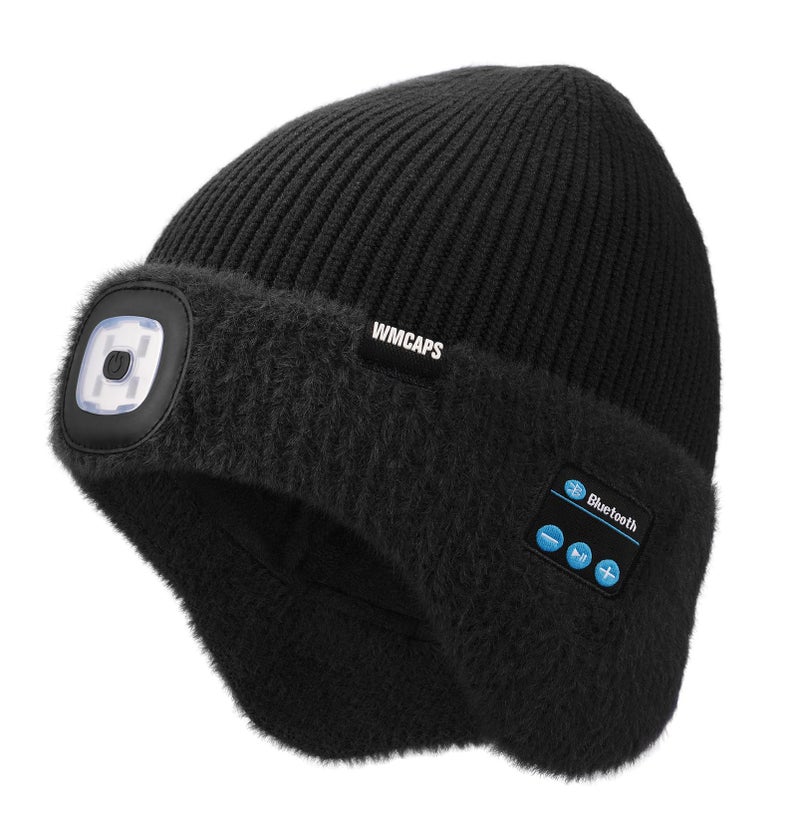Wmcaps Warm Fleece Lined Bluetooth LED Beanie with Earflap Winter Hat with Light and Headphones Speaker Mic, Gifts for Men Black - Image 1
