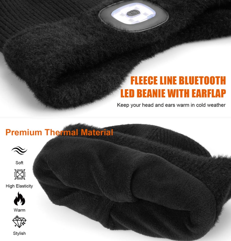 Wmcaps Warm Fleece Lined Bluetooth LED Beanie with Earflap Winter Hat with Light and Headphones Speaker Mic, Gifts for Men Black - Image 2