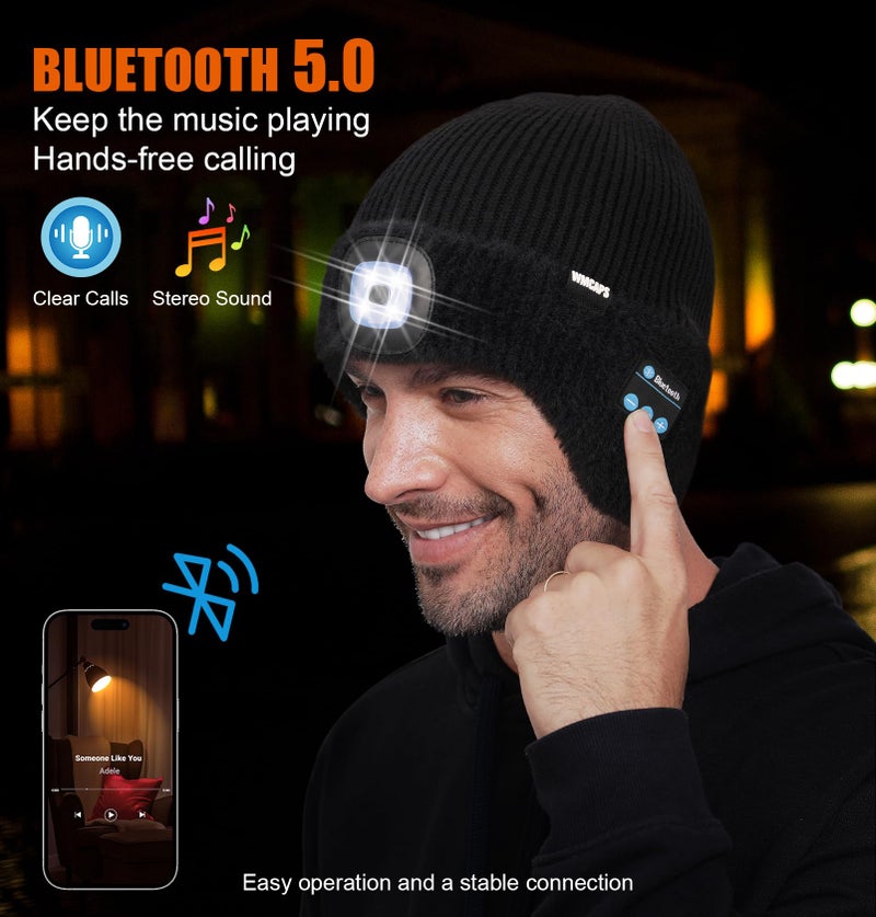 Wmcaps Warm Fleece Lined Bluetooth LED Beanie with Earflap Winter Hat with Light and Headphones Speaker Mic, Gifts for Men Black - Image 3