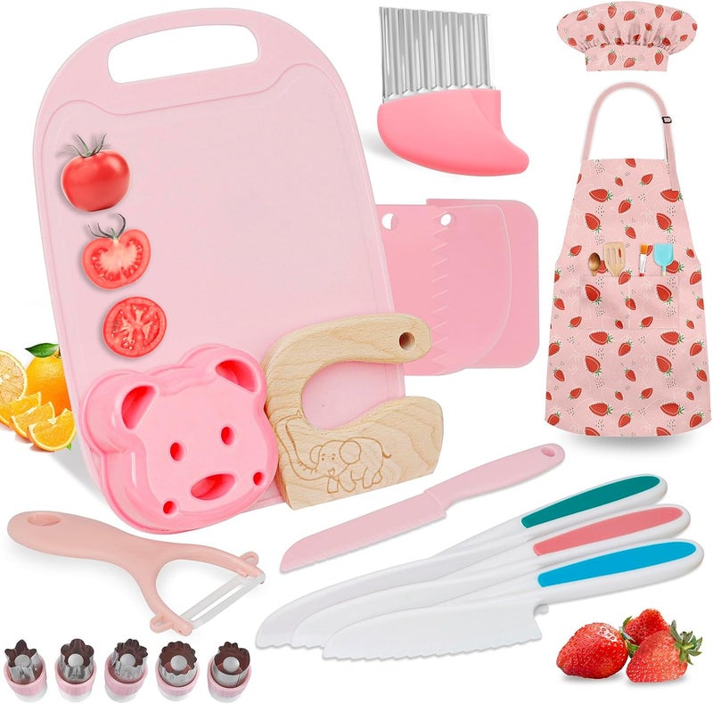 Deabolar 19PCS Kids Cooking Sets Real with Kids Knife Set for Real Cooking, Kid Safe Knife Set for Real Cooking with Kids Cutting Board and Knife Set, Toddlers Kitchen Tools, Kids Chef Hat and Apron - Image 1