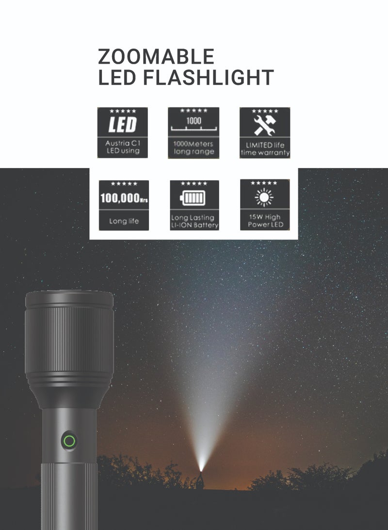 فليكسي مصباح يدوي LED قابل للتكبير والتصغير، 15 وات، سطوع 1000 لومن، مدى 1000 متر، بطارية قابلة لإعادة الشحن 4800 مللي أمبير/ساعة، 4 أوضاع إضاءة، شحن من النوع C، تقنية ألمانية، ضمان 4 سنوات - Image 3