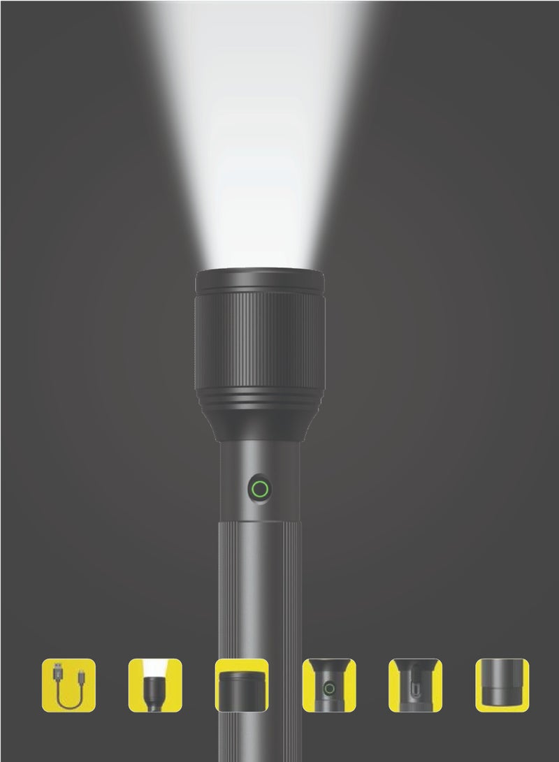 فليكسي مصباح يدوي LED قابل للتكبير والتصغير، 15 وات، سطوع 1000 لومن، مدى 1000 متر، بطارية قابلة لإعادة الشحن 4800 مللي أمبير/ساعة، 4 أوضاع إضاءة، شحن من النوع C، تقنية ألمانية، ضمان 4 سنوات - Image 5