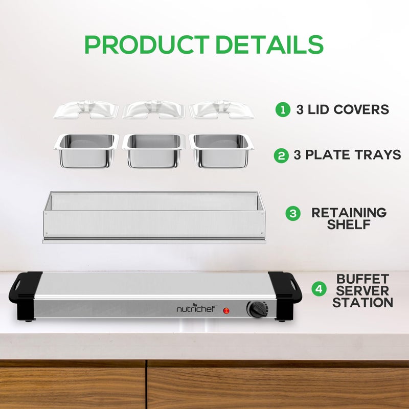 Nutrichef Professional Stainless Steel Buffet Warmer Server with 3 Trays | Portable Hot Plate Food Warmer Station for Parties & Events | Easy to Clean | 3 See-through lids | Max Temperature 175F - Image 5