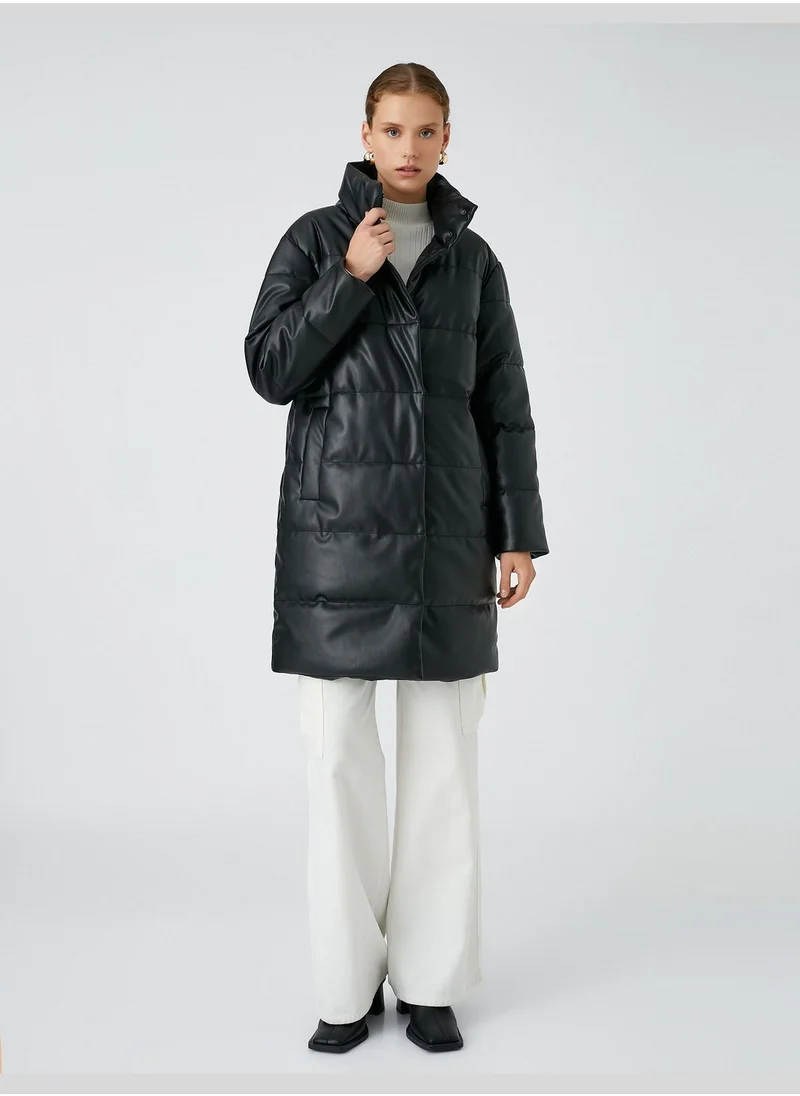 كوتون Faux Leather High Neck Puffer Coat