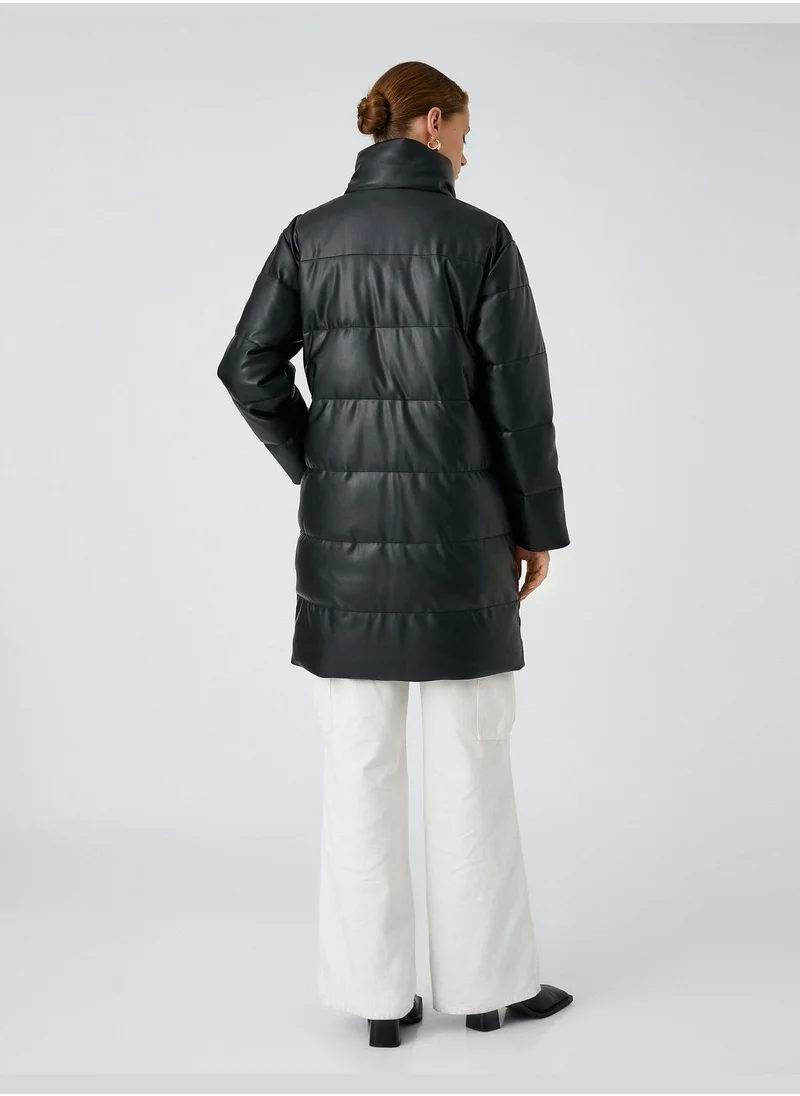 كوتون Faux Leather High Neck Puffer Coat
