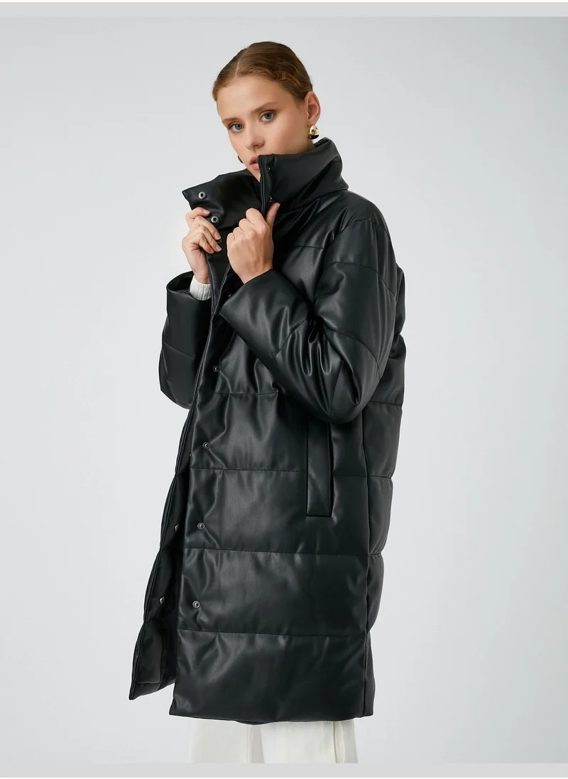 KOTON Faux Leather High Neck Puffer Coat