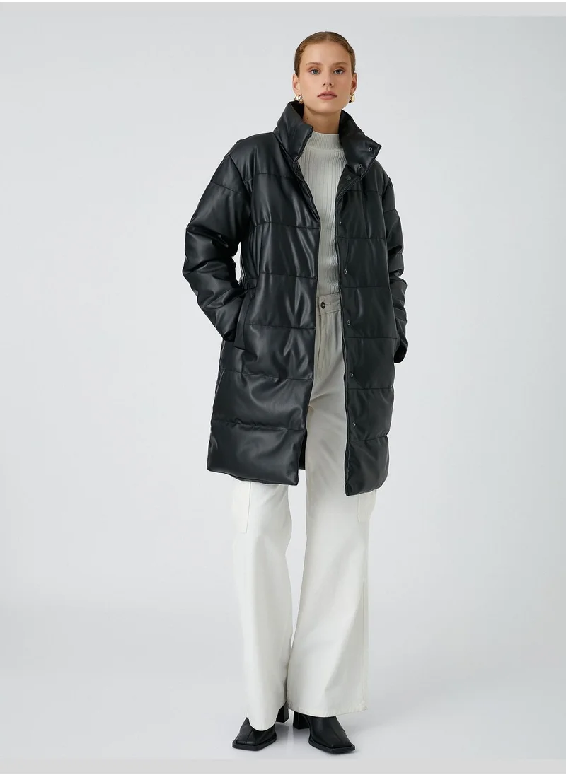 KOTON Faux Leather High Neck Puffer Coat