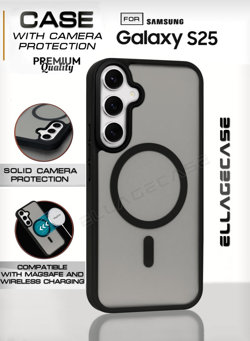 ELLAGECASE Black Stylish Case for Samsung Galaxy S25, Solid Camera Protection, Shockproof, Enhanced Protection, Compatible with MagSafe and Wireless Charging - Image 1