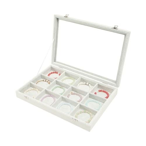 Coward Jewelry Organizer Tray Box, Grey Beige Velvet 12 Grids Bracelet Bangle Necklace Jewelry Display Tray Case with Transparent Glass Lid for Home Desk Drawer or Store Selling Show - Image 1