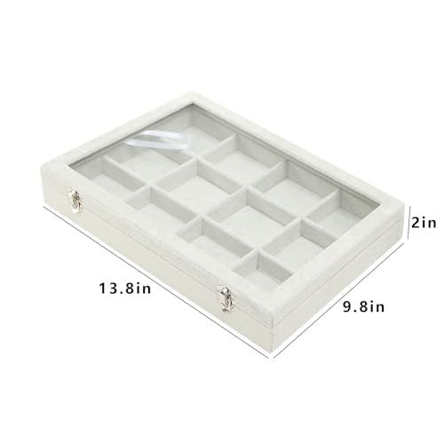 Coward Jewelry Organizer Tray Box, Grey Beige Velvet 12 Grids Bracelet Bangle Necklace Jewelry Display Tray Case with Transparent Glass Lid for Home Desk Drawer or Store Selling Show - Image 2