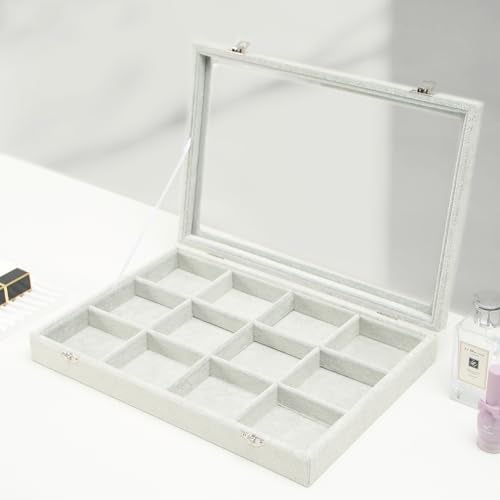 Coward Jewelry Organizer Tray Box, Grey Beige Velvet 12 Grids Bracelet Bangle Necklace Jewelry Display Tray Case with Transparent Glass Lid for Home Desk Drawer or Store Selling Show - Image 5