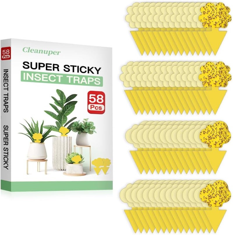 Cleanuper 58 Pcs Yellow Flying Insect Traps for Plants,Indoors, Outdoors, Kitchen, Yellow Sticky Traps for Fungus Gnat, Fly and Fruit Fly, Flying Insects, Non-Toxic & Odorless, Kid & Pet Safe, Economic Pack - Image 2