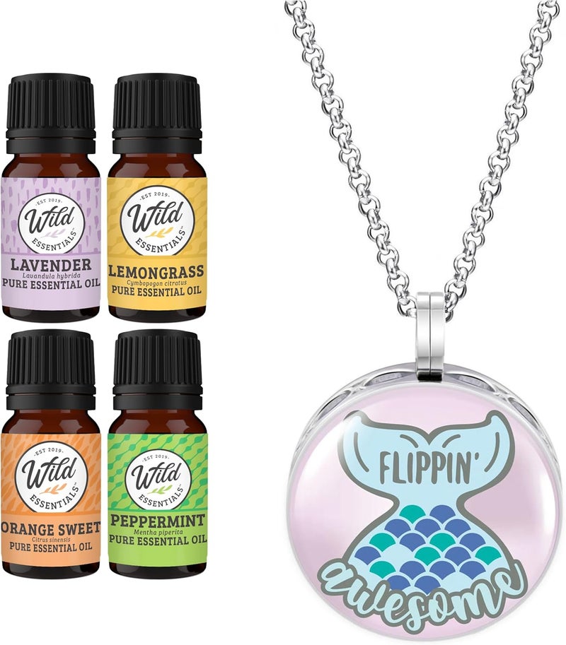 mEssentials Wild Essentials Flippin Awesome Mermaid Necklace Essential Oil Diffuser Kit, Lavender, Lemongrass, Peppermint, Orange Oils, 8 Refill Pads, Calming Aromatherapy Gift Set, Customizable, Perfume 