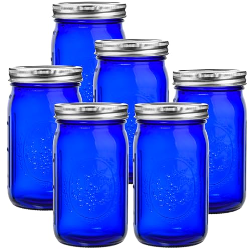 eleganttime Blue Mason Jars Wide Mouth,6 Pack Cobalt Blue Colored Mason Jars 32 oz for Canning, Pickling, Storage, DIY Crafts & Décor - Image 1